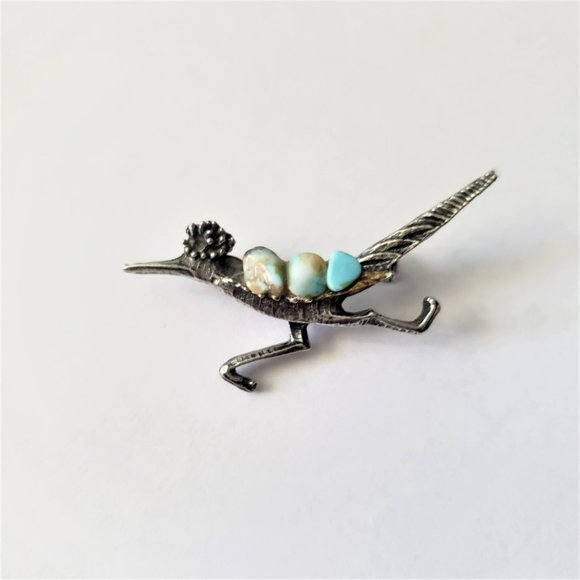 VTG STERLING Silver & Turquoise ROADRUNNER Bird BROOCH - Picture 3 of 5